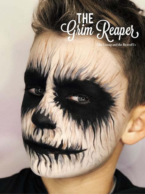 Grim Reaper Makeup Men, Halloween Makeup Ideas For Boys, Vampire Makeup Kids Boys, Adult Halloween Face Paint, Diy Grim Reaper Costume, Halloween Face Makeup For Men, Kids Grim Reaper Makeup, Grim Reaper Makeup Kids, Grim Reaper Face Paint