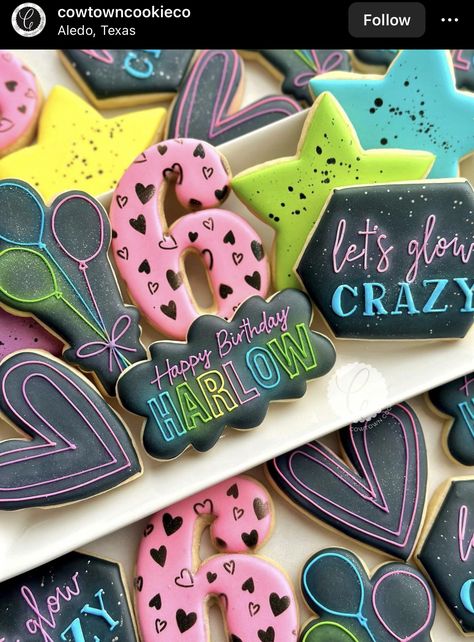 Neon Sweet 16, Bachelorette Party Cookies, Gold Cookies, Neon Birthday Party, Glow Birthday Party, Girly Birthday, Happy 7th Birthday, Neon Birthday, Happy 6th Birthday