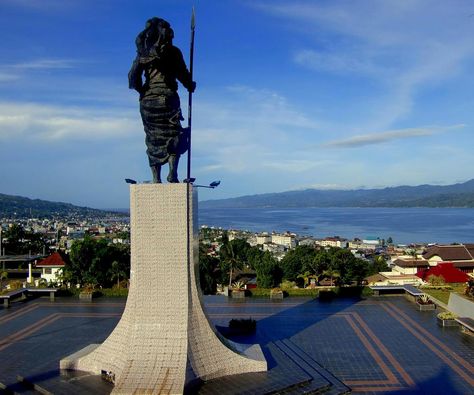 A statue of Christina Martha Tiahahu looking over #Ambon city in the Maluku islands. Maluku Islands, Unity In Diversity, Nylon Pants, Southeast Asian, Military Service, Archipelago, Southeast Asia, Statue Of Liberty, Beautiful Places