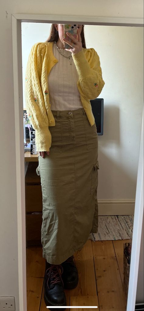 khaki cargo skirt outfit Maxi Khaki Skirt Outfit, Yellow And Khaki Outfit, Khaki Cargo Skirt Outfit, Light Green Skirt Outfit, Yellow Maxi Skirt Outfit, Green Cargo Skirt Outfits, Khaki Skirt Outfit, Khaki Skirt Outfits, Green Skirt Outfits