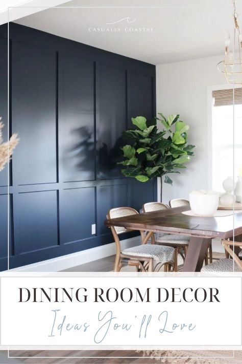 Slat Dining Room Wall, Dining Room Accent Wall Modern, Wainscoting Ideas Navy Blue, Dining Room Accent Wall Decor Ideas, Peppercorn Dining Room Walls, Dining Room With Wall Molding, Wooden Accent Wall Dining Room, Small Dining Room Accent Wall Ideas, Black Accent Dining Room Wall