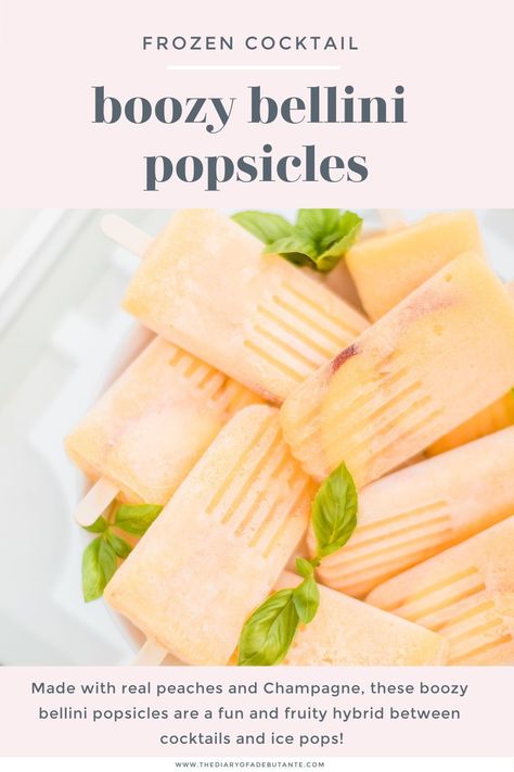 Love bellinis and/or frozen cocktails? Looking for easy boozy popsicle recipes? You're in luck! Southern lifestyle blogger Stephanie Ziajka shares a simple boozy bellini popsicles recipe on Diary of a Debutante in today's post! All you need is real peaches (fresh and frozen), Champagne, and simple syrup-- that's all. Click through for the easy champagne popsicle recipe, plus a handful of other alcoholic popsicles and summer cocktail recipes! #popsicles #bellini #frozencocktail #boozypopsicles Peach Bellini Popsicles, Booze Popsicles, Frozen Champagne, Champagne Popsicles, Boozy Pops, Mini Peach Pies, Boozy Ice Pops, Alcoholic Popsicles, Frozen Peach Bellini