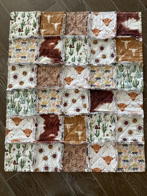 Highland Cow Rag Quilt/ Longhorn Southwestern Cactus, Baby Boy, Minky Cowhide, Baby Shower Gift Present/ Cowboy Blanket/ Nursery #ModernCowboy #StrollerBlanket #CactusArmadilloCow #BestBabyBlanket #BestNewBabyGift #CribBedding #BabyBoyGirl #BestBabyGift #GenderNeutral #BabyBedding Highland Cow Nursery Gender Neutral, Sewed Baby Blankets, Cowboy Baby Blanket, Cow Baby Blanket, Cowboy Blanket, Minky Blankets, Western Rag Quilt, Rag Blanket, Western Baby Blankets