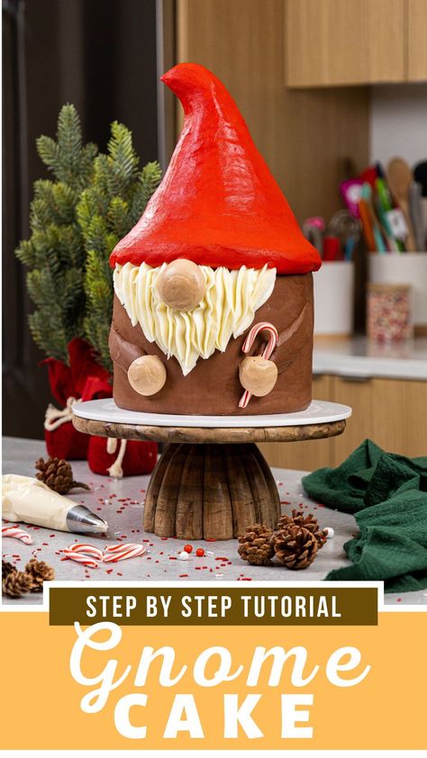 This gnome cake is just as adorable as it is delicious! It's made with vanilla cake layers and wears a fun red rice krispie hat! Gnome Cakes, Gnome Cupcakes, Delicious Vanilla Cake Recipe, Gnome Cake, Stump Cake, Christmas Cake Decoration, Giant Cake, Mini Candy Canes, Cake Layers