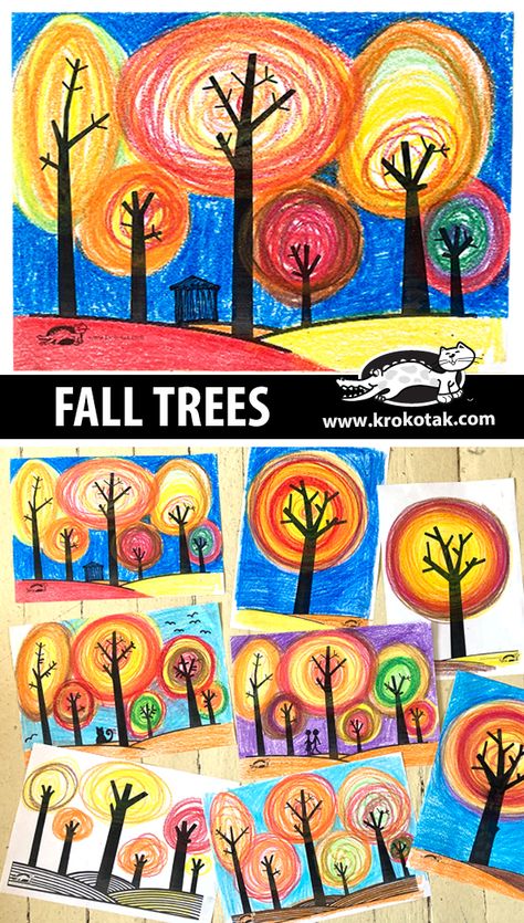 krokotak | FALL TREES 1st Grade Art Projects Back To School, Fall Art Project 3rd Grade, Fall Mosaic Art Projects, Kindergarten September Art, September Crafts For Middle School, 1st Grade November Art Projects, November 2nd Grade Activities, Fall Art Projects 2nd Grade, Kindergarten Shape Art Lesson