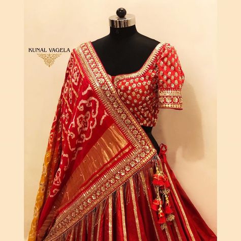 Bright Red Gold Traditional Bridal Lehenga by Kunal Vagela. #Frugal2Fab Red Benarasi Lehengas, Kunal Vagela Lehenga, Gharchola Blouse Designs, Gharchola Blouse, Bhandej Lehenga, Red Ghagra, Traditional Bridal Lehenga, Designer Bridal Lehenga Choli, Rajputi Dress