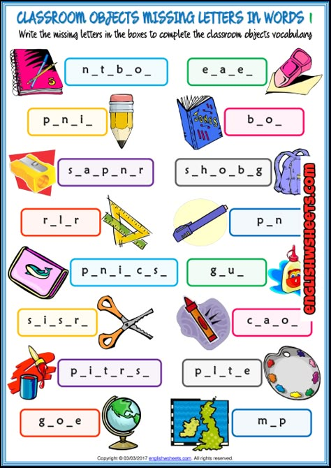 Classroom Objects Missing Letters In Words Worksheets In Words Worksheets, Dictionary For Kids, Classroom Objects, School Objects, Wristband Template, Kids Worksheet, Missing Letters, Simple Present, Esl Vocabulary