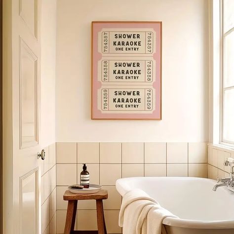 Retro Cream Shower Karaoke Ticket Canvas Print - Temu Shower Karaoke, College Apartment Bathroom, Retro Pink Bathroom, Aesthetic Shower, Singing Funny, Retro Bathroom Decor, Bathroom Retro, First Home Decor, Vintage Inspired Wall Decor