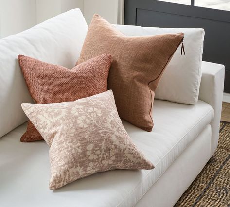 Misty Morning Tonal Palette in Washed Pastels | Pottery Barn Parents Bathroom, Interior Design Dining, Textile Manufacturing, White Couches, Fall Throw Pillows, Throw Pillows Living Room, Dream Bedrooms, Misty Morning, Vintage Throw Pillows