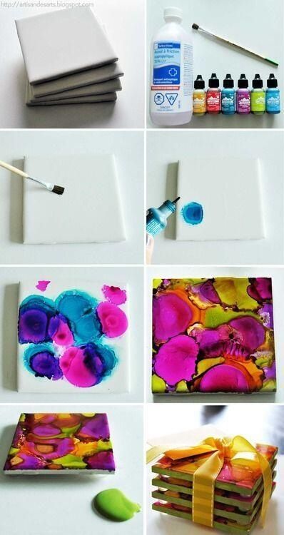 Mini canvas coasters? Diy Alcohol, Alcohol Ink Crafts, Diy Coasters, Crafts To Make And Sell, Crafty Craft, Crafty Diy, Kirigami, Drawing Tutorials, Craft Time