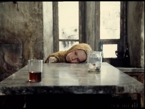 Stalker by Andri Tarkovsky :1979- the final scenes, the character, “Monkey”, against a background of train and dog sounds, moves the tumblers by telekinesis, followed by Ode to Joy Lisa Gerrard, Movie Shots, Michael Fassbender, Film Stills, The Table, Cinematography, Kotatsu Table, Short Film, Bean Bag Chair