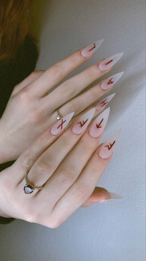 Witchy Wedding Nails, Witchcore Nails, Nude Goth Nails, Sigil Nails, Runes Nails Design, Ren Faire Nails, Rune Nail Designs, Skyrim Nails, Red Witchy Nails