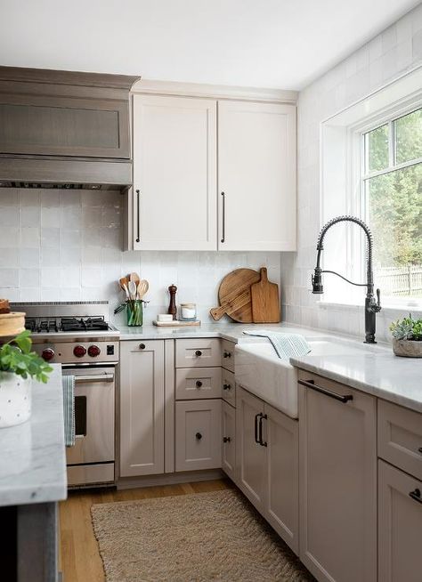 Light Taupe Kitchen Cabinets with Farmhouse Sink - Transitional - Kitchen Taupe Kitchen Ideas, Brown Wooden Kitchen, Taupe Cabinets, Taupe Kitchen Cabinets, Arizona Kitchen, Chairs For Kitchen Island, Wolf Range, Taupe Kitchen, Bakers Kitchen