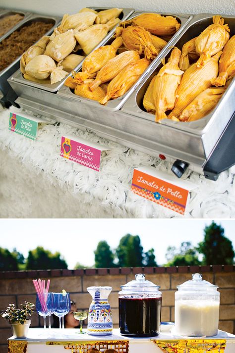 Tamales Wedding, Tamales Party Ideas, Tamale Party Ideas, Wedding Reception Mexican Food, Mexican Party Drink Station, Mexican Wedding Snack Table, Mexican Theme Drink Station, Tamalada Party, Mexican Wedding Food