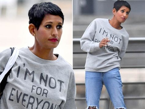 Naga Munchetty declares I'm not for everyone after warning from BBC | Metro News Naga Munchetty, Facial Shapes, Hair Color Techniques, Pixie Cuts, Short Hair Cuts For Women, Tv Stars, Grey Sweatshirt, Ripped Jeans, Short Hair Cuts