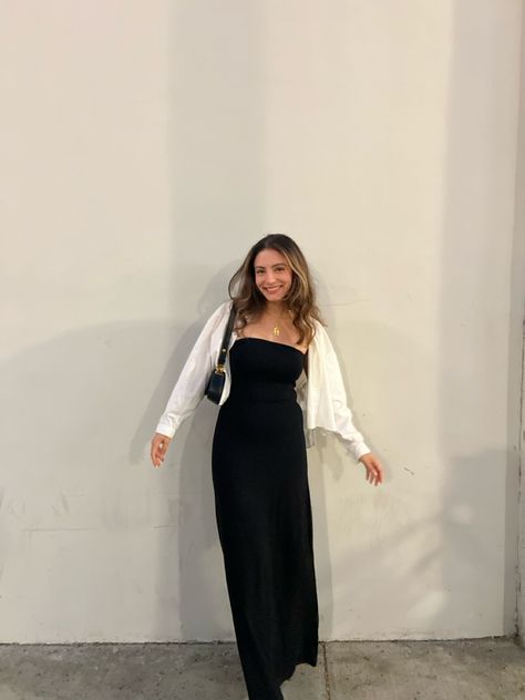 black sleeveless dress with white cover up Black Dress White Cardigan, Black Sleeveless Dress Outfit, Maxi Dress And Cardigan Outfit, Fitted Dress With Cardigan, Cardigan Over Dress Outfit, Black Dress With Cardigan, Sleeveless Cardigan Outfit, Dress With Cardigan Outfit, Dress With Outer