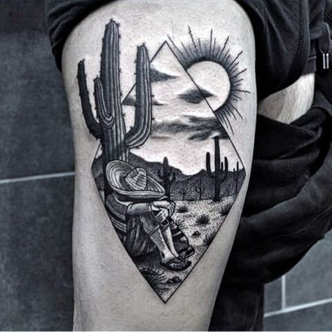 Tiraria o cara da figura, mas gosto.... talvez um pouco maior do que eu gostaria                                                                                                                                                                                 Mais New Mexico Tattoo, Desert Tattoo, Upper Leg Tattoos, Thigh Tattoo Men, Arizona Tattoo, Mexico Tattoo, Tato Tradisional, Aztec Tattoos, Mexican Tattoo