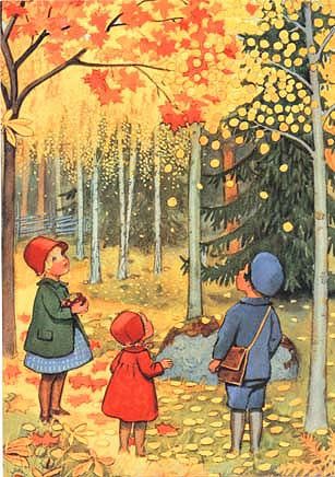 This is from a school reader for younger chidren, not the one we used, but I read it when I was a kid. The picture is by Elsa Beskow, a Swedish artist, who wrote and illustrated many books for children. Postal Vintage, Autumn Illustration, Cicely Mary Barker, Illustration Vintage, Art Et Illustration, Autumn Art, Childrens Illustrations, Childrens Art, Children's Book Illustration