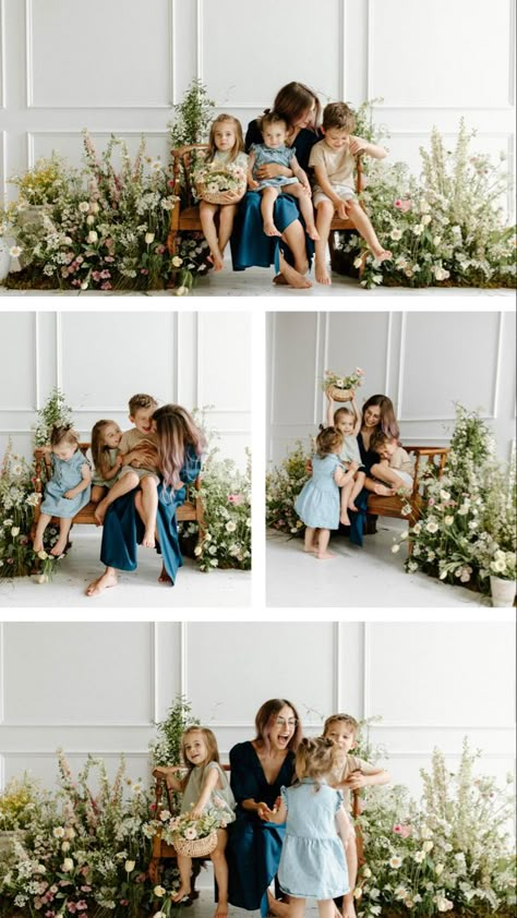 Mother and her three kids sit on a bench in a studio surrounded by spring wild flowers Christmas Floral Photoshoot, Mommy And Me Vintage Photo Shoot, Mothersday Photoshoot Studio, Floral Mini Session Photo Shoot, Mother Days Photoshoot Ideas, Indoor Mothers Day Photoshoot, Floral Mothers Day Photoshoot, Mother’s Day Mini Photoshoot, Mother’s Day Mini Session Poses