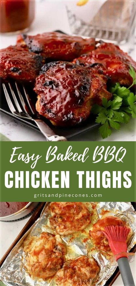 Easy baked BBQ chicken thighs in the oven are a wonderful and flavorful family dinner idea. Bone-in chicken thighs are covered in a savory BBQ sauce then baked until they are juicy with a bit of crispy char. Serve for weeknight dinners, Super Bowl parties, or Church potlucks! Easy Baked Bbq Chicken, Chicken Thighs In The Oven, Baked Bone In Chicken, Baked Bbq Chicken Thighs, Barbecue Chicken Thighs, Chicken Thighs In Oven, Oven Bbq Chicken, Oven Baked Bbq Chicken, Bbq Sauce Ingredients