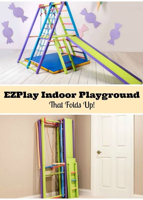 Indoor jungle gym swing set by EZPlay that folds flat.  Great playground active play equipment. #ad #ezplay #kidsactivities Jungle Gym Playroom Ideas, Indoor Active Playroom, Diy Indoor Jungle Gym, Indoor Play Area For Kids Playroom Ideas, Indoor Play Gym, Jungle Gym Playroom, Indoor Play Area, Educational Playroom Ideas, Playroom Design Indoor Playground