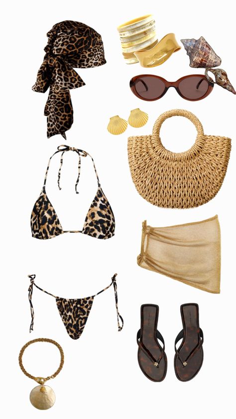 Leopard summer beach bikini outfit Leopard Beach Outfit, Animal Print Bathing Suit, Animal Print Beach Outfit, Beach Baddie Outfit, Beach Outfit Bikinis, Vacay Fits, Mexico Outfits, Leopard Swimsuit, Coachella Outfits