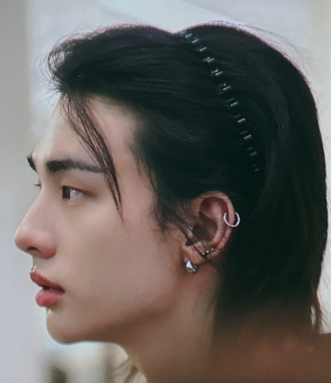 Kids Ear Piercing, Delulu Pills, Fashion Illustration Collage, Stuck In My Head, Skz In Cute, Side Profile, The Boy Is Mine, Hwang Hyunjin, Press Photo