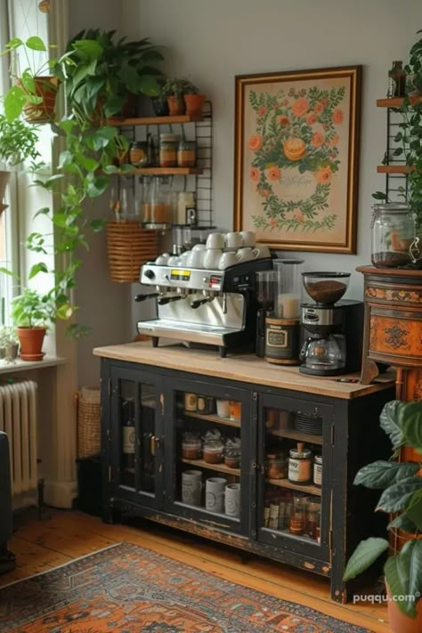 Sunroom Coffee Bar, Home Coffee Bar Modern, Apt Coffee Bar, Kitchen Buffet Cabinet Coffee Bar, Hallway Coffee Station, Coffee Bar Espresso Machine, Coffee Bar With Hutch, Coffee Station Wall Ideas, Luxury Home Coffee Bar