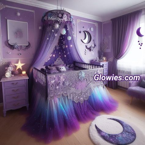 Purple Moon And Stars Nursery, Galaxy Nursery Theme, Purple Nursery Ideas, Purple Baby Rooms, Moon Bedroom, Gothic Nursery, Baby Series, Gothic Theme, Amazing Bedroom Designs