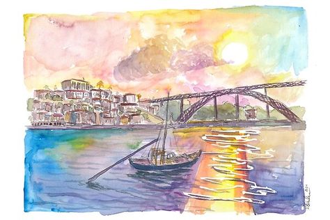 Porto Portugal Old City with Ponte Luís I and Sunset Impressionism Painting, Impressionism Art, Sunset Painting, Porto Portugal, Beach Painting, Old City, Cool Artwork, Art Sur Toile, Watercolor Paper