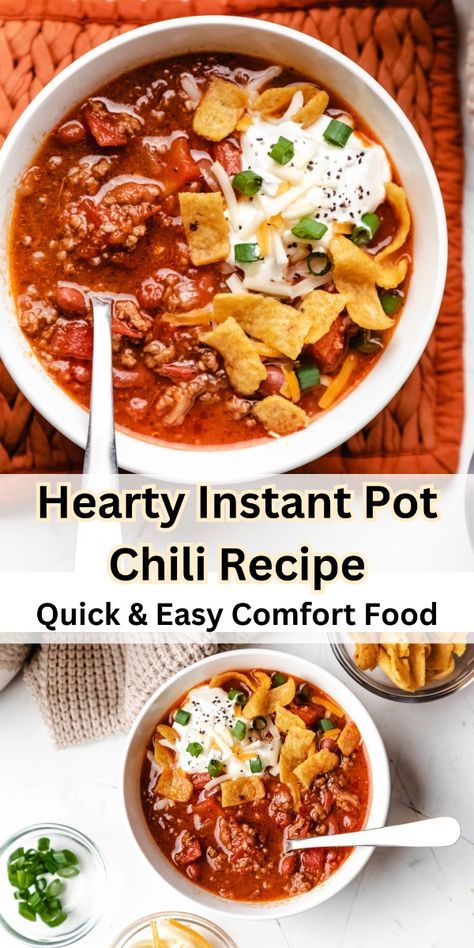 Make the perfect bowl of chili in no time with this Instant Pot Chili recipe! Packed with flavorful spices, tender beans, and savory ground beef, this quick and easy dish is perfect for a cozy dinner. Whether you're hosting a game day or craving a comforting meal, this chili is sure to impress. Try it today! #InstantPotChili #ChiliRecipe #QuickMeals #ComfortFood #EasyDinner Venison Chili Recipe Instant Pot, Insta Pot Chili Recipes, Instant Pot Chilli Recipes Ground Beef, Chilli Recipe Instant Pot, Chili Instapot Recipe, Instant Pot Chili Ground Beef, Instant Pot Chili Recipes, Healthy Beef Chili Recipe, Chili Recipe Instant Pot