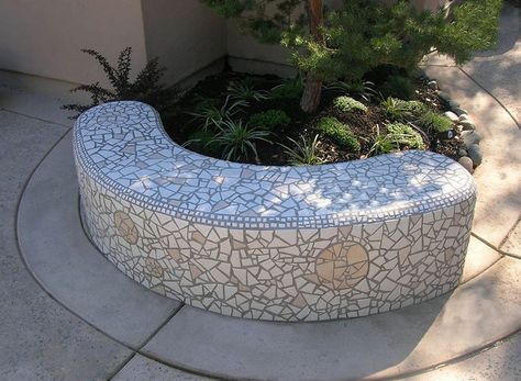 Mosaic Macaroni Bench Mosaic Bench, Mosaic Garden Ideas, Stained Glass Angel, Pebble Mosaic, Mosaic Table, Garden Seating, Mosaic Garden, Garden Bench, Retaining Wall