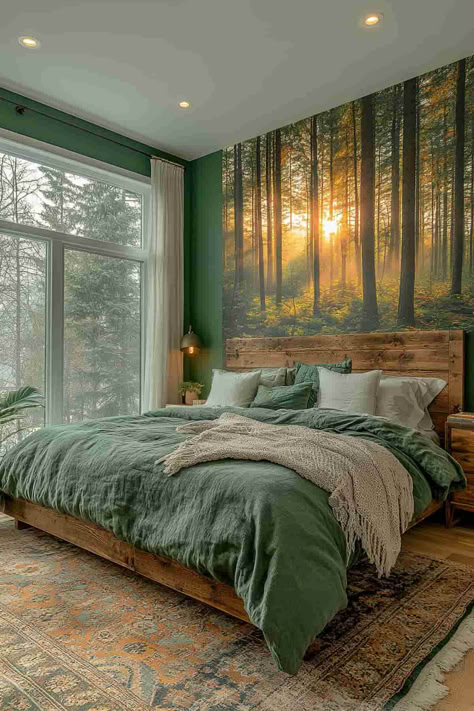 40 Forest-Themed Bedroom Ideas for a Woodland Sanctuary Forest Theme Guest Room, Forest Aesthetic Room Ideas, Love Nest Bedroom, Bedroom Decor Themes, Woodsy Themed Bedroom, Rustic Forest Bedroom, Nature Themed House, Lake Themed Bedroom, Forest Mural Bedroom