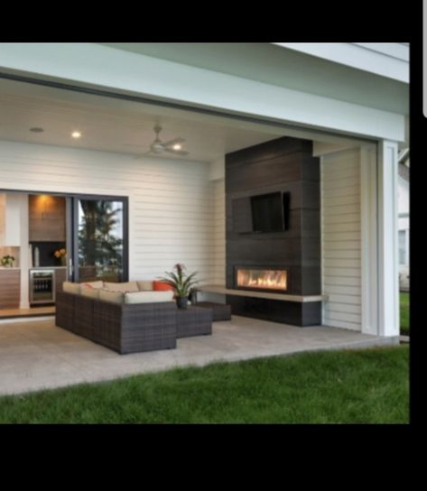 Small California Room Patio Ideas, Modern Outdoor Fireplace With Tv, Patio Fireplace Wall, Outdoor Tv And Fireplace Wall, Electric Outdoor Fireplace, Electric Fireplace Outdoor Patio, Outdoor Electric Fireplace Ideas With Tv, Outdoor Tv Fireplace Wall, Outdoor Tv Wall Patio