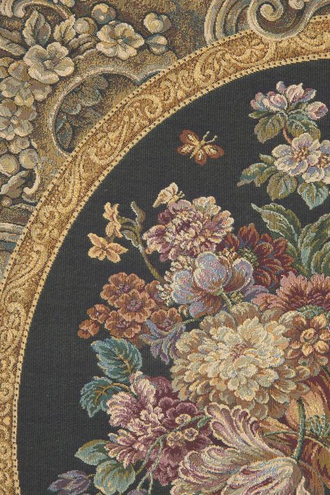 Floral Composition in Vase Black is an Italian jacquard woven wall tapestry. A captivating work featuring an abundance of flowers overflowing onto the table below. The detail of the petals and leaves and the subtle shading is masterfully executed. The use of widely varying colors: crimsons, violet blues, deep orange and olive greens in their variety of shades, to the composition of overlapping flowers with leaves protruding creates a balanced and engaging piece. The ornate border with its scroll Flowers Tapestry, Unicorn Tapestries, European Wall, Ornate Border, Vase Black, Decorative Wall Hanging, Floral Composition, Witchy Wallpaper, Horror Themes