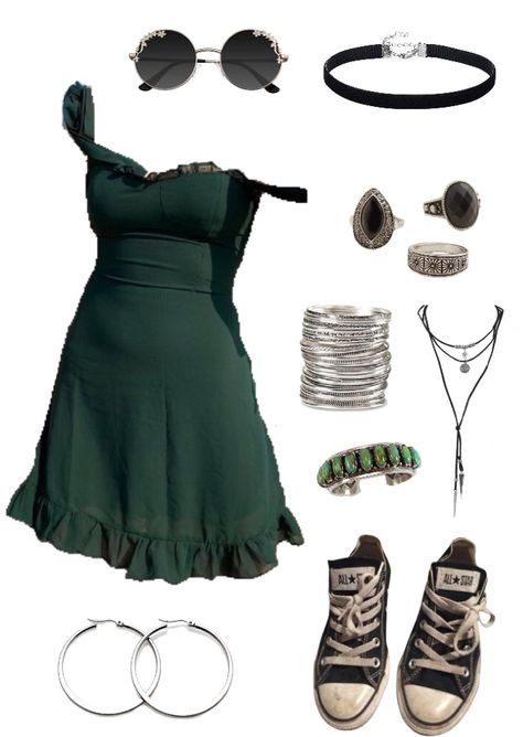 Cute Green Outfits Aesthetic, Slytherin Outfit Summer, Edgy Slytherin Outfit, Slytherin Inspired Outfits Summer, Green Fairy Aesthetic Clothes, Black And Green Outfit, Harry Potter Themed Outfits Slytherin, Green Dress Aesthetic, Slytherin Dress