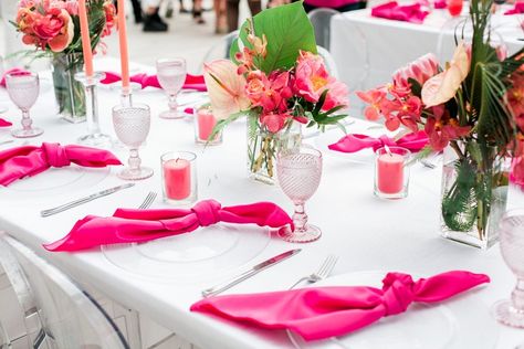 Miami Vice Centerpieces, Tents For Weddings, Clear Chairs, Anthurium Flower, 45th Birthday, Party Table Settings, Birthday Captions, Clear Top, Pink Table