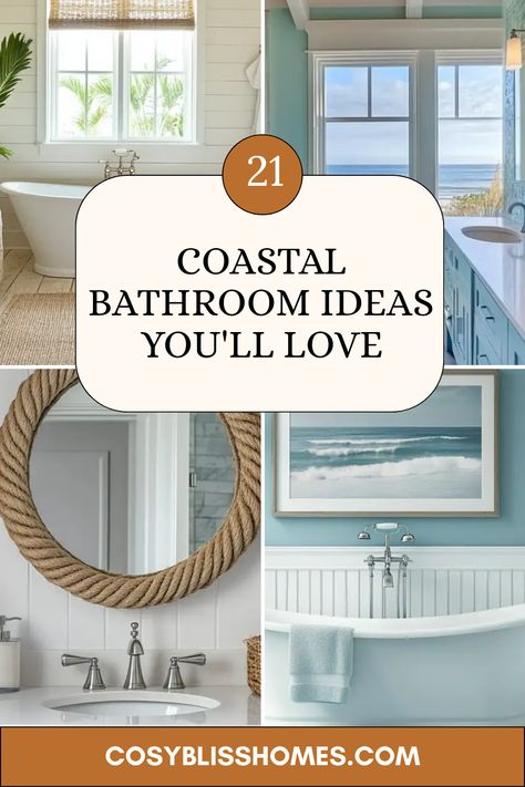 21 stunning coastal bathroom ideas await you to transform your space into a serene beachy retreat! Think sandy neutrals, sea glass accents, and nautical rope mirrors that add character. Infuse your bathroom with coastal artwork and designs that evoke beach vibes and relaxation. Create a spa-like oasis right in your home, inspired by the calming tones and textures of ocean vibes. Pepper your bathroom with ideas that embrace the simplicity of seaside living while making a bold design statement! Nautical Bathroom Design Ideas, Seaside Bathroom, Coastal Bathroom Ideas, Apartment Ideas Living Room, Nautical Rope Mirror, Beachy Bathroom, Beach House Bathroom, Beach Inspiration, Coastal Artwork