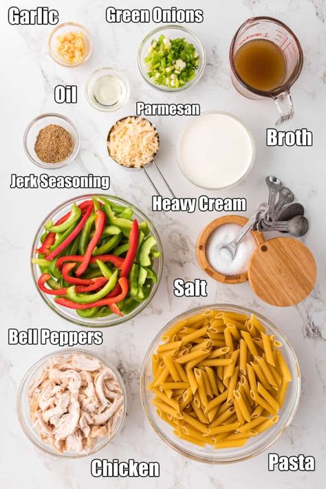 ingredients for Rasta Pasta. Jamaican Jerk Pasta, How To Make Rasta Pasta, Jamaican Pasta Recipes, Rasta Pasta Recipes, Jamaican Jerk Chicken Pasta, Rasta Pasta Easy, Rasta Pasta Jamaican Chicken, Jerk Rasta Pasta, Jamaican Pasta