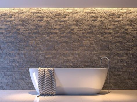 Arredare casa stile bohemian ricreare ambiente creativo arredi colori materiali soggiorno cucina camera da letto bagno illuminazione tendenza boho chic Stone Brick Wall, Modern Contemporary Bathroom, Stile Boho Chic, Wall Wood, White Tiles, Bath Tub, 3d Render, Contemporary Bathroom, Large Windows