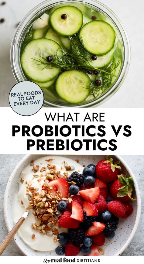 One key difference between prebiotics and probiotics is that probiotics are living organisms, whereas prebiotics are not living organisms. Remember, prebiotics don’t turn into probiotics, but they do help probiotics grow and thrive. Learn more about what are probiotics and prebiotics and how they work for your gut health! Prebiotic Foods List, What Are Probiotics, Dietitian Recipes, Probiotics And Prebiotics, Prebiotic Foods, Probiotic Benefits, Healthy Probiotics, Poor Digestion, Prebiotics And Probiotics