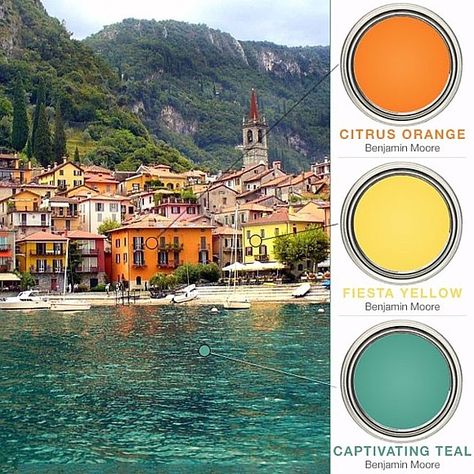 Jewel toned colors can create a dynamic space, even in small amounts.  We looked to Varenna, Italy on Lake Como to inspire these Mediterran... Tuscan Patio, Mediterranean Color Palette, Mediterranean Room, Varenna Italy, Tuscan Colors, Dock Ideas, Spanish Decor, Mediterranean Interior, Tuscan Design