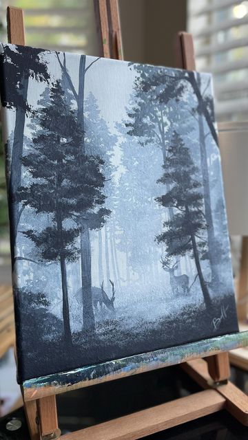 sarah • johnston on Instagram: "Mist covered trees and quiet animals. #acrylicpainting #acrylicpaint #mistyforest #pnw #comfort #misttechnique #mistypainting #foggyforest #moody #artist" Mist Forest Painting, January Painting Ideas, Grey Background Painting, Foggy Trees Painting, Forest Painting Ideas, Gloomy Painting, Foggy Painting, Foggy Forest Painting, Misty Forest Painting