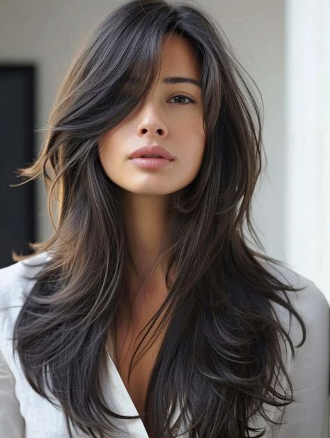 Haircut For Long Hair Side Part, Long Brunette Hair With Layers Side Part, Side Part And Curtain Bangs, Long Thick Layered Hair With Bangs, Long Layer Side Part, Women’s Long Layered Haircuts, Long Hair Cuts Side Part Layers, Long Layers Side Part Straight, Hair Cuts 2024trends Long