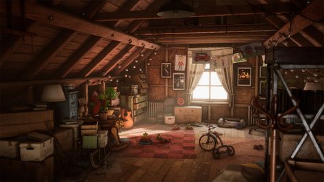 ArtStation - Grandpa's Attic UE4 , Maarten Hof Attic Furniture, Finding Neverland, Books Ideas, House Aesthetic, Light Study, Attic Storage, Attic Bedroom, Attic Rooms, Visual Aesthetics