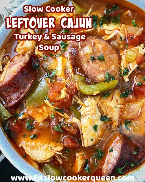 Turkey Sausage Soup, Crockpot Cajun, Chicken Sausage Soup, Cajun Turkey Recipe, Cajun Turkey, Soup Video, Cajun Sausage, Leftover Turkey Recipes, Gumbo Recipe