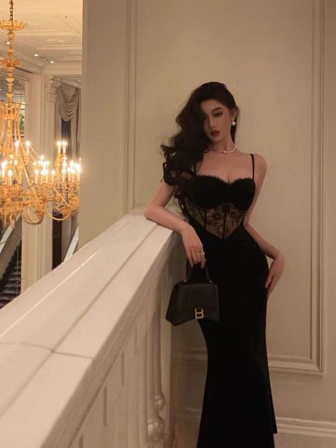 Lace Long Formal Dress, Laced Black Prom Dress, Long Formal Black Dress, Black Velvet Slip Dress, Morticia Addams Prom Dress, Dark Prom Dresses Long, Black Slick Dress, Dark Feminine Dresses, Weeding Dress 2023 Guest