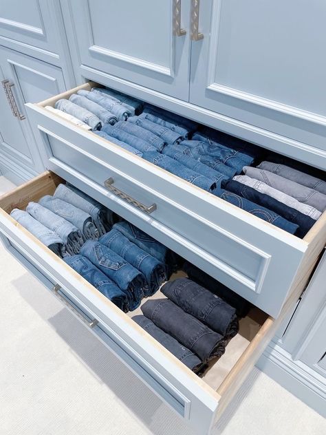 Jeans Storage Ideas, New Year Challenge, Jeans Storage, Denim 2024, Neat Closet, Jean Organization, Closet Organisation, Folding Jeans, Bathroom Closet Organization