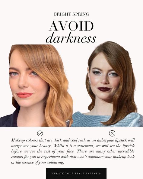 A Bright Spring makeup guide with the lovely Emma Stone 🤍 . #coloranalysis #colouranalysis #springpalette #brightspring #emmastone Clear Spring Makeup Looks, Makeup For Bright Spring, Bright Spring Color Analysis, Bright Spring Makeup Looks, Bright Spring Celebrities, Bright Spring Makeup, Warm Spring Makeup, True Spring Makeup, Bright Spring Color Palette