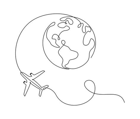 Traveling Drawing Ideas, One Line Drawing Travel, Travel Line Drawing, World Map Drawing Simple, Earth Globe Drawing, Airplane Aesthetic Drawing, Tatoos Travel, Travel Drawing Simple, Simple Line Art Ideas